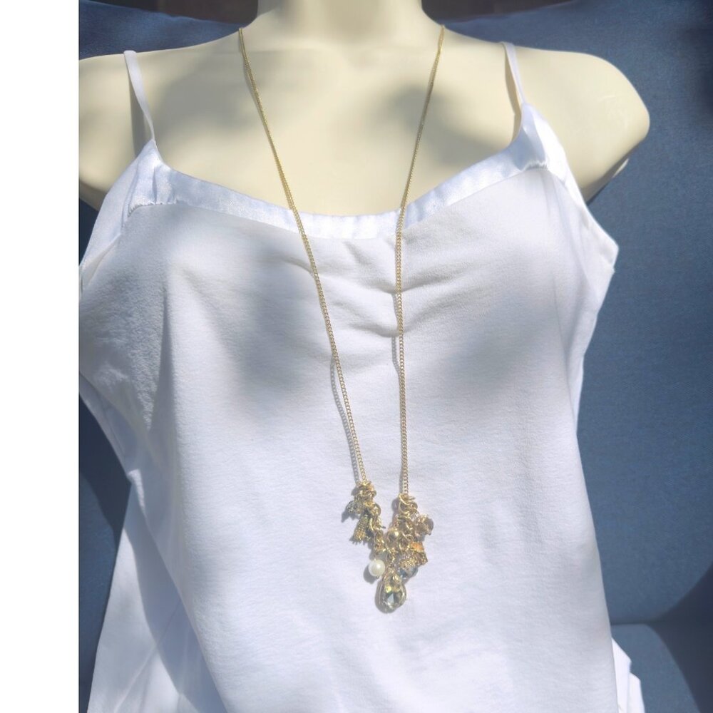 Vintage Gold Charmed Necklace With Crystals, Faux Pearls and Tassel 30” Long - Picture 1 of 8